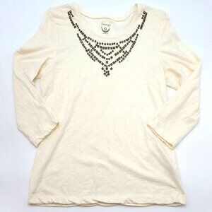 Zenergy Chico's Ivory Stretch Knit 3/4 Sleeve Top Brass Stud Accents Size 1/M